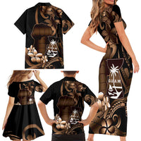 Brown Hafa Adai Guam Family Matching Short Sleeve Bodycon Dress and Hawaiian Shirt Chamorro Latte Stone Hand With Plumeria