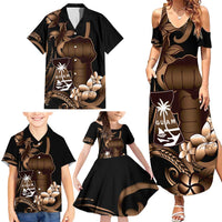 Brown Hafa Adai Guam Family Matching Summer Maxi Dress and Hawaiian Shirt Chamorro Latte Stone Hand With Plumeria