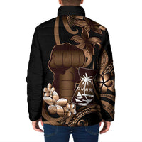 Brown Hafa Adai Guam Padded Jacket Chamorro Latte Stone Hand With Plumeria - Polynesian Pride