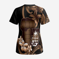 Brown Hafa Adai Guam Scrub Top Chamorro Latte Stone Hand With Plumeria - Polynesian Pride