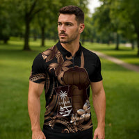 Brown Hafa Adai Guam Zipper Polo Shirt Chamorro Latte Stone Hand With Plumeria - Polynesian Pride