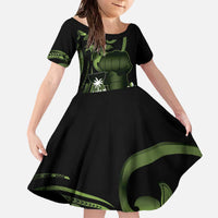 Green Hafa Adai Guam Family Matching Off The Shoulder Long Sleeve Dress and Hawaiian Shirt Chamorro Latte Stone Hand With Plumeria LT14 Daughter's Dress Green - Polynesian Pride