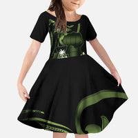 Green Hafa Adai Guam Family Matching Off Shoulder Maxi Dress and Hawaiian Shirt Chamorro Latte Stone Hand With Plumeria