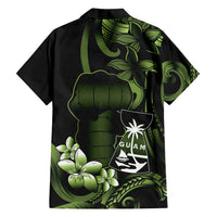 Green Hafa Adai Guam Family Matching Off Shoulder Maxi Dress and Hawaiian Shirt Chamorro Latte Stone Hand With Plumeria