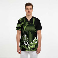 Green Hafa Adai Guam Scrub Top Chamorro Latte Stone Hand With Plumeria - Polynesian Pride