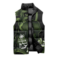 Green Hafa Adai Guam Sleeveless Puffer Jacket Chamorro Latte Stone Hand With Plumeria - Polynesian Pride