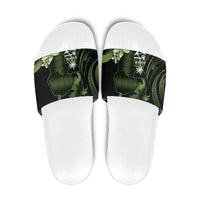 Green Hafa Adai Guam Slide Sandals Chamorro Latte Stone Hand With Plumeria - Polynesian Pride