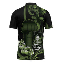 Green Hafa Adai Guam Zipper Polo Shirt Chamorro Latte Stone Hand With Plumeria - Polynesian Pride