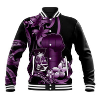Purple Hafa Adai Guam Baseball Jacket Chamorro Latte Stone Hand With Plumeria