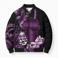 Purple Hafa Adai Guam Bomber Puffer Jacket Chamorro Latte Stone Hand With Plumeria - Polynesian Pride