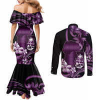 Purple Hafa Adai Guam Couples Matching Mermaid Dress and Long Sleeve Button Shirt Chamorro Latte Stone Hand With Plumeria