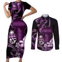 Purple Hafa Adai Guam Couples Matching Short Sleeve Bodycon Dress and Long Sleeve Button Shirt Chamorro Latte Stone Hand With Plumeria