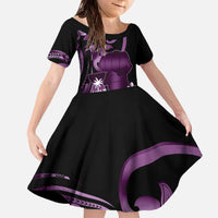 Purple Hafa Adai Guam Family Matching Off The Shoulder Long Sleeve Dress and Hawaiian Shirt Chamorro Latte Stone Hand With Plumeria LT14 Daughter's Dress Purple - Polynesian Pride