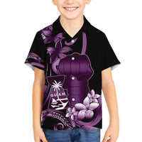 Purple Hafa Adai Guam Family Matching Off Shoulder Maxi Dress and Hawaiian Shirt Chamorro Latte Stone Hand With Plumeria