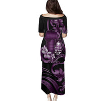 Purple Hafa Adai Guam Family Matching Puletasi and Hawaiian Shirt Chamorro Latte Stone Hand With Plumeria