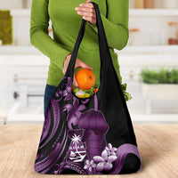 Purple Hafa Adai Guam Grocery Bag Chamorro Latte Stone Hand With Plumeria