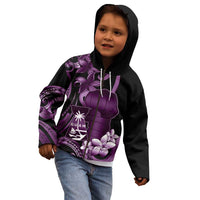 Purple Hafa Adai Guam Kid Hoodie Chamorro Latte Stone Hand With Plumeria