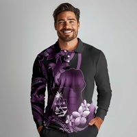 Purple Hafa Adai Guam Long Sleeve Polo Shirt Chamorro Latte Stone Hand With Plumeria