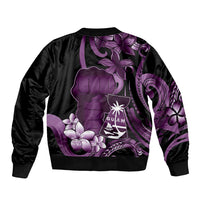 Purple Hafa Adai Guam Sleeve Zip Bomber Jacket Chamorro Latte Stone Hand With Plumeria