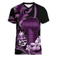 Purple Hafa Adai Guam Women V-Neck T-Shirt Chamorro Latte Stone Hand With Plumeria