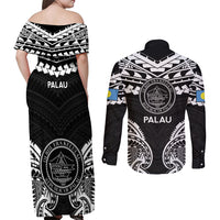 Palau Constitution Day Couples Matching Off Shoulder Maxi Dress and Long Sleeve Button Shirt Belau Seal With Polynesian Pattern - Black