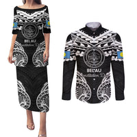 Palau Constitution Day Couples Matching Puletasi and Long Sleeve Button Shirt Belau Seal With Polynesian Pattern - Black LT14 Black - Polynesian Pride