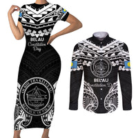 Palau Constitution Day Couples Matching Short Sleeve Bodycon Dress and Long Sleeve Button Shirt Belau Seal With Polynesian Pattern - Black