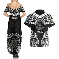 Palau Constitution Day Couples Matching Summer Maxi Dress and Hawaiian Shirt Belau Seal With Polynesian Pattern - Black