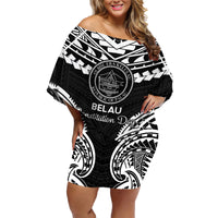 Palau Constitution Day Family Matching Off Shoulder Short Dress and Hawaiian Shirt Belau Seal With Polynesian Pattern - Black
