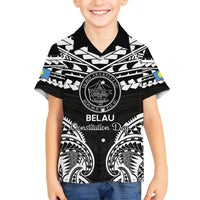 Palau Constitution Day Family Matching Short Sleeve Bodycon Dress and Hawaiian Shirt Belau Seal With Polynesian Pattern - Black