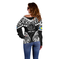 Palau Constitution Day Off Shoulder Sweater Belau Seal With Polynesian Pattern - Black