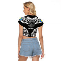 Palau Constitution Day Raglan Cropped T Shirt Belau Seal With Polynesian Pattern - Black