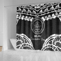 Palau Constitution Day Shower Curtain Belau Seal With Polynesian Pattern - Black