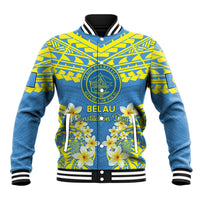 Palau Constitution Day Baseball Jacket Belau Seal With Frangipani Polynesian Pattern - Blue