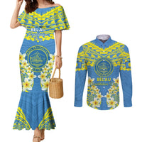 Palau Constitution Day Couples Matching Mermaid Dress and Long Sleeve Button Shirt Belau Seal With Frangipani Polynesian Pattern - Blue LT14 Blue - Polynesian Pride