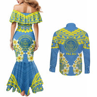 Palau Constitution Day Couples Matching Mermaid Dress and Long Sleeve Button Shirt Belau Seal With Frangipani Polynesian Pattern - Blue LT14 - Polynesian Pride