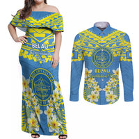 Palau Constitution Day Couples Matching Off Shoulder Maxi Dress and Long Sleeve Button Shirt Belau Seal With Frangipani Polynesian Pattern - Blue