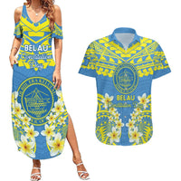 Palau Constitution Day Couples Matching Summer Maxi Dress and Hawaiian Shirt Belau Seal With Frangipani Polynesian Pattern - Blue LT14 Blue - Polynesian Pride