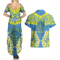Palau Constitution Day Couples Matching Summer Maxi Dress and Hawaiian Shirt Belau Seal With Frangipani Polynesian Pattern - Blue LT14 - Polynesian Pride