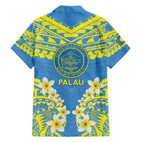 Palau Constitution Day Family Matching Off The Shoulder Long Sleeve Dress and Hawaiian Shirt Belau Seal With Frangipani Polynesian Pattern - Blue