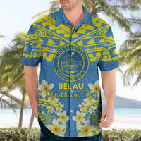 Palau Constitution Day Hawaiian Shirt Belau Seal With Frangipani Polynesian Pattern - Blue LT14 - Polynesian Pride
