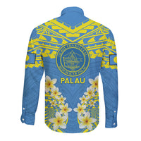 Palau Constitution Day Long Sleeve Button Shirt Belau Seal With Frangipani Polynesian Pattern - Blue