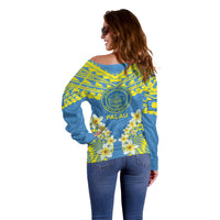 Palau Constitution Day Off Shoulder Sweater Belau Seal With Frangipani Polynesian Pattern - Blue