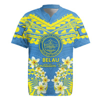 Palau Constitution Day Rugby Jersey Belau Seal With Frangipani Polynesian Pattern - Blue LT14 Blue - Polynesian Pride