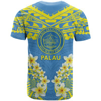 Palau Constitution Day T Shirt Belau Seal With Frangipani Polynesian Pattern - Blue