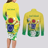 Cook Islands Independence Day Couples Matching Long Sleeve Bodycon Dress and Long Sleeve Button Shirt Kuki Airani Tiare Maori Polynesian Pattern - Green
