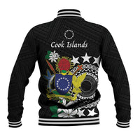 Cook Islands Independence Day Baseball Jacket Kuki Airani Tiare Maori Polynesian Pattern - Black