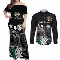 Cook Islands Independence Day Couples Matching Off Shoulder Maxi Dress and Long Sleeve Button Shirt Kuki Airani Tiare Maori Polynesian Pattern - Black