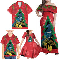 New Zealand Christmas In July Family Matching Off Shoulder Maxi Dress and Hawaiian Shirt Kowhai Tui Bird With Pohutukawa - Red