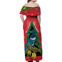 New Zealand Christmas In July Family Matching Off Shoulder Maxi Dress and Hawaiian Shirt Kowhai Tui Bird With Pohutukawa - Red